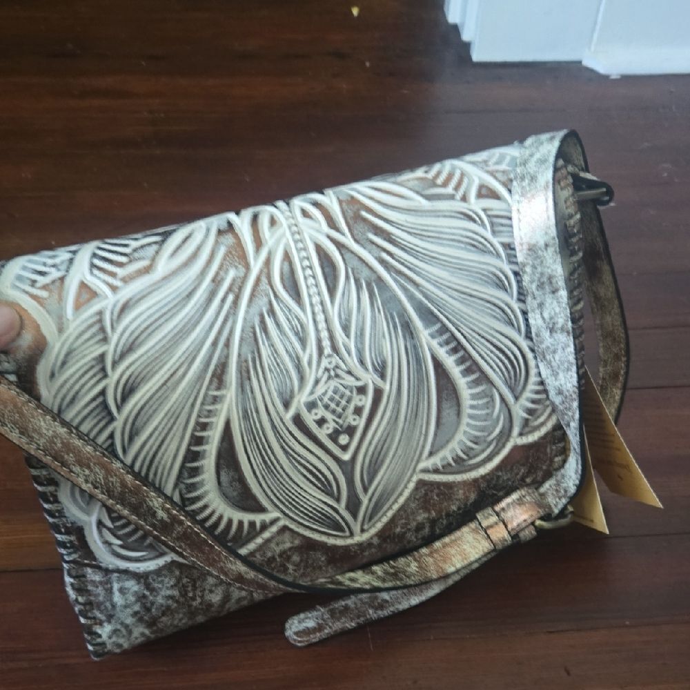 Patricia Nash Brown and Cream Crossbody Bag with Art Nouveau Design